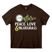 Chocolate Brown peace , love & bluegrass   banjo nature vines illu Heavy Core Tee - DesignPulse