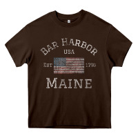Chocolate Brown Bar Harbor Maine USA American Flag Established ME Vintage Heavy Core Tee - PixelWave