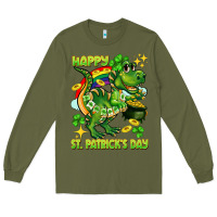 Army Green Happy St. Patrick's Day T-rex Long Sleeve Tee - CowGirlArtShop