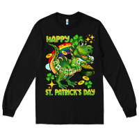 Black Happy St. Patrick's Day T-rex Long Sleeve Tee - CowGirlArtShop