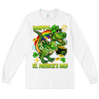 White Happy St. Patrick's Day T-rex Long Sleeve Tee - CowGirlArtShop