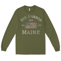 Army Green Bar Harbor Maine USA American Flag Established ME Vintage Long Sleeve Tee - PixelWave