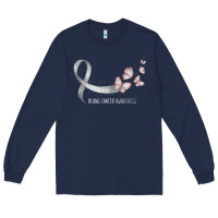 Navy pretty white ribbon support lung cancer awareness t shirt Long Sleeve Tee - Craftify
