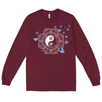 Burgundy yin yang with butterflies ancient chinese yin yang Long Sleeve Tee - Craftify