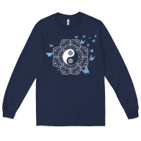 Navy yin yang with butterflies ancient chinese yin yang Long Sleeve Tee - Craftify