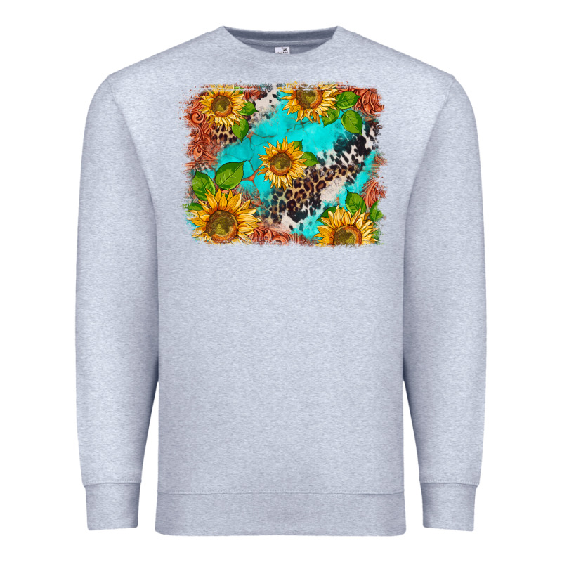 Western Sunflowers Turquoise Cowhide  Tooled Leather Premium Sweatshirt by BarkalooDesign | Teevron