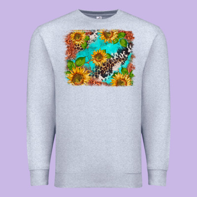 Western Sunflowers Turquoise Cowhide  Tooled Leather Premium Sweatshirt Designed By Barkaloodesign
