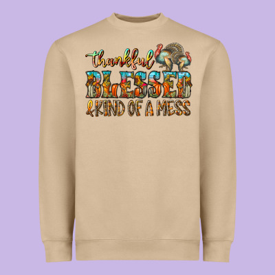 Thankful Blessed And Kind Of A Mess Heavyweight Sweatshirt Designed By Cowhidedigitalart