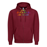 Burgundy LGBT Love Rainbow Heartbeat Zipper Hoodie - PixelWave