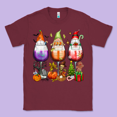 Hallothanksmas Wine Glasses And Gnomes Classic Tee Designed By Texasbilliewilder
