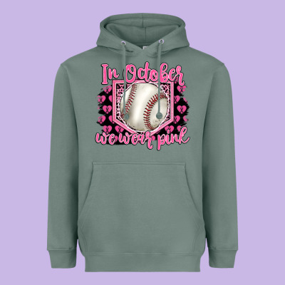 In October We Wear Pink Baseball Heavyweight Hoodie Designed By Barkaloodesign