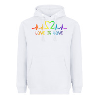 White LGBT Love Rainbow Heartbeat Heavyweight Hoodie - PixelWave