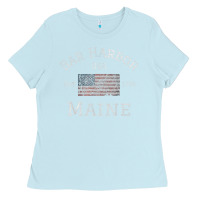 Baby Blue Bar Harbor Maine USA American Flag Established ME Vintage Ladies Tee - PixelWave