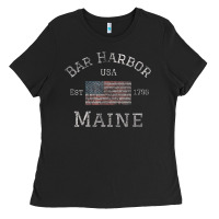 Black Bar Harbor Maine USA American Flag Established ME Vintage Ladies Tee - PixelWave