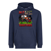 Navy just a boy who loves tractors red tractor Heavyweight Hoodie - BarkalooDesign