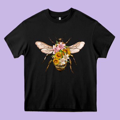 Bee With Flowers Heavy Core Tee Designed By Artiststas