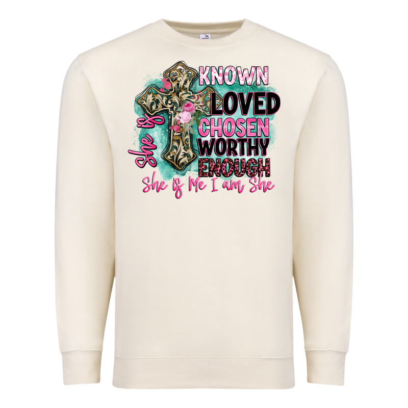 She Is Loved Premium Sweatshirt by BarkalooDesign | Teevron