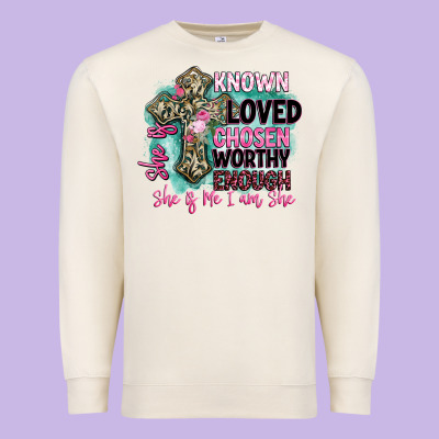 She Is Loved Premium Sweatshirt Designed By Barkaloodesign