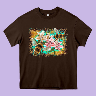 Bees And Lilies With Leopard Heavy Core Tee Designed By Artiststas