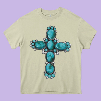 Western Gemstone Cross Heavy Core Tee Designed By Artiststas