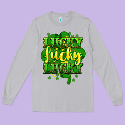 Lucky Lucky Lucky Clover St. Patrick's Long Sleeve Tee Designed By Howdyjamesfarm
