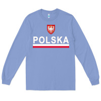Colony Blue Sporty Polska Flag And Emblem Polish Coat Of Arms Pullover Hoodie Long Sleeve Tee - ArtChic