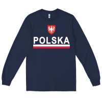 Navy Sporty Polska Flag And Emblem Polish Coat Of Arms Pullover Hoodie Long Sleeve Tee - ArtChic