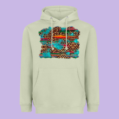 Western Serape Leopard Bull Skull Turquoise  Background Heavyweight Hoodie Designed By Artiststas