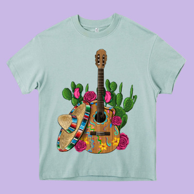 ,mexican Sombrero Guitar Rose Cactus Heavy Core Tee Designed By Artiststas