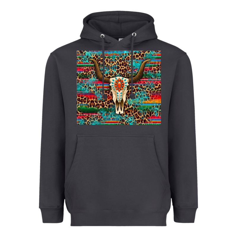 Western Serape Leopard Bull Skull Turquoise Heavyweight Hoodie by Artiststas | Teevron