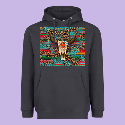 Western Serape Leopard Bull Skull Turquoise Heavyweight Hoodie Designed By Artiststas