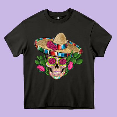 Mexican Skull Sombrero Roses Cactus Serape Heavy Core Tee Designed By Artiststas