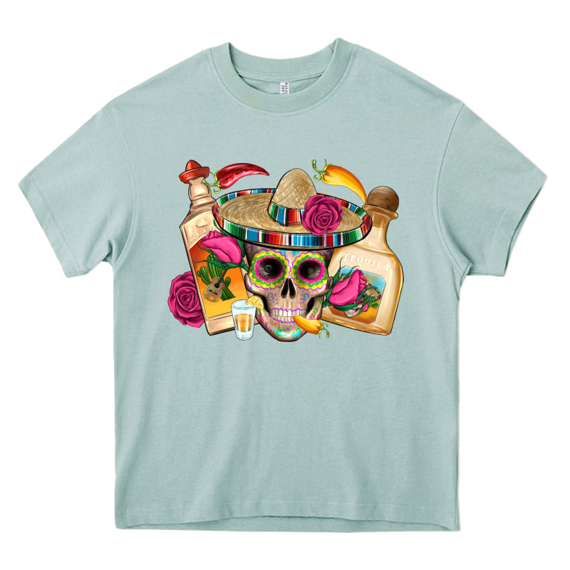 Mexican Skull Sombrero Tequila Bottle Paper Roses Heavy Core Tee by Artiststas | Teevron