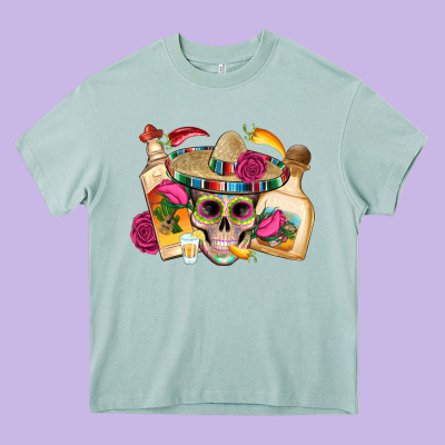 Mexican Skull Sombrero Tequila Bottle Paper Roses Heavy Core Tee Designed By Artiststas