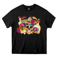 Black mexican skull sombrero tequila bottle paper roses Heavy Core Tee - Artiststas