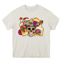 Cream mexican skull sombrero tequila bottle paper roses Heavy Core Tee - Artiststas