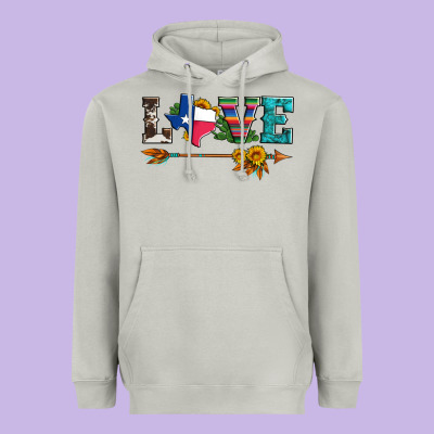 Love Texas Serape Cowhide Cactus And Sunflowers Heavyweight Hoodie Designed By Artiststas