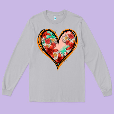 Floral Orange Glitter Heart Long Sleeve Tee Designed By Jasminsmagicworld