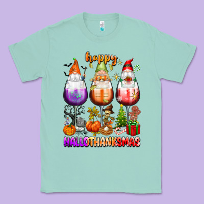 Happy Hallothanksmas Wine Glasses And Gnomes Classic Tee Designed By Texasbilliewilder