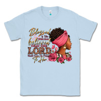 Dusty Blue Blessed is she who has believed afro woman Classic Tee - RanaPortraitStore