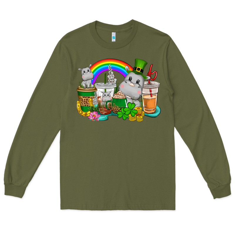 St. Patrick's Hippopotamus Coffee Cups Long Sleeve Tee by CowGirlArtShop | Teevron