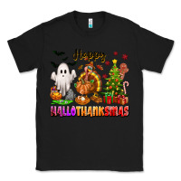 Black Happy Hallothanksmas with ghost turkey and tree Classic Tee - texasbilliewilder