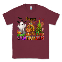 Burgundy Happy Hallothanksmas with ghost turkey and tree Classic Tee - texasbilliewilder