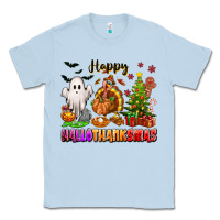 Dusty Blue Happy Hallothanksmas with ghost turkey and tree Classic Tee - texasbilliewilder