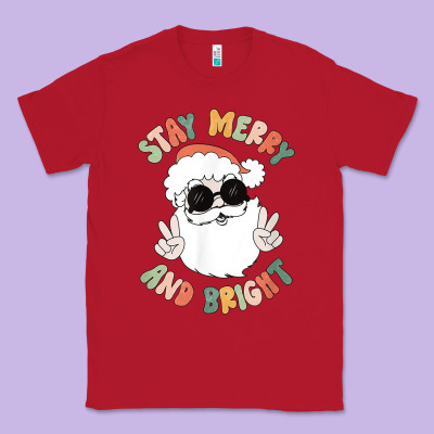 Funny Groovy Stay Merry And Bright Christmas Santa Claus T Shirt Classic Tee Designed By Artmosaic