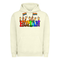 Pigment Pistachio human with hands and pride flags Urban Hoodie - AdoDesignShop