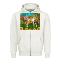 Oatmeal Heather Western Charolais Bull With Sunflowers Zipper Hoodie - LillyAllenDesigns