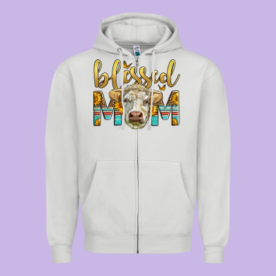 Western Blessed Mom Charolais Bull Zipper Hoodie Designed By Lillyallendesigns