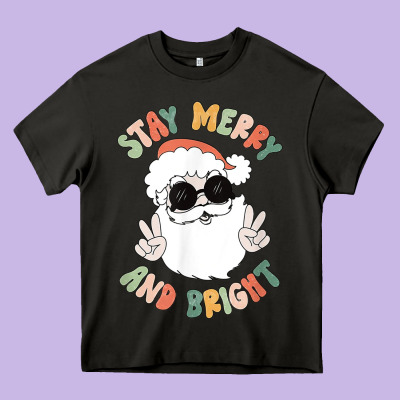 Funny Groovy Stay Merry And Bright Christmas Santa Claus T Shirt Heavy Core Tee Designed By Artmosaic