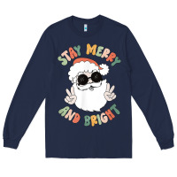 Navy funny groovy stay merry and bright christmas santa claus t shirt Long Sleeve Tee - ArtMosaic